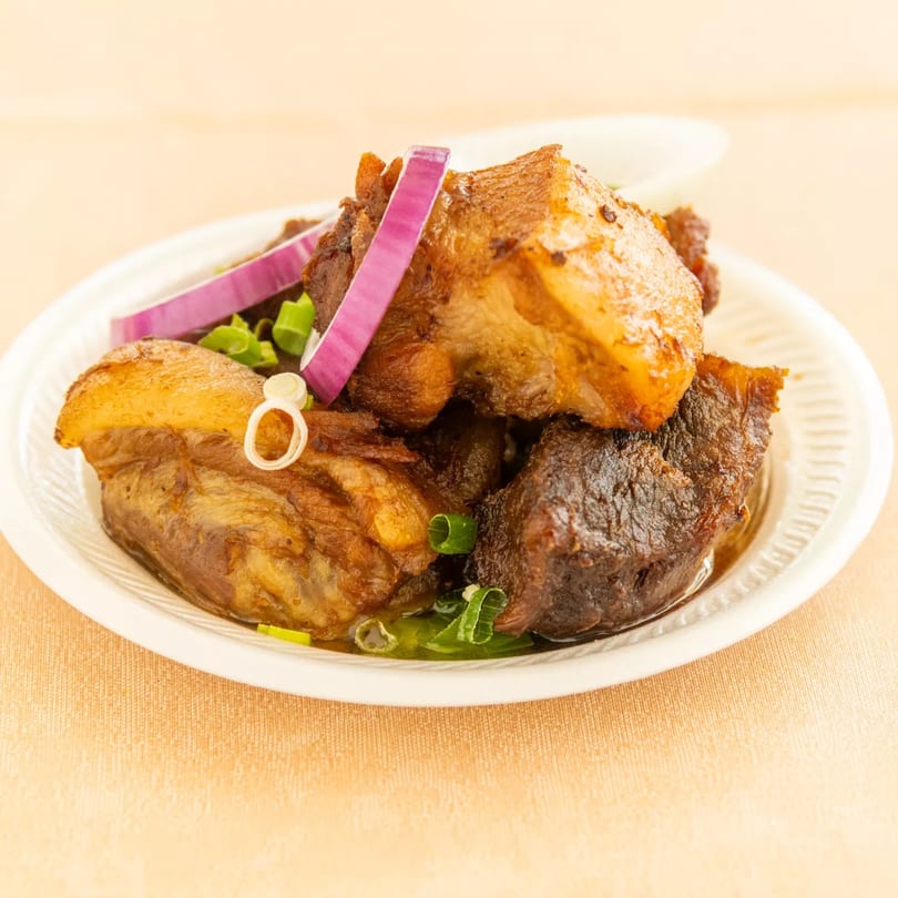 Savory braised pork belly with red onion and green onion on a white plate.